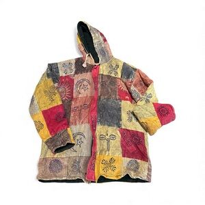 Vintage Handmade Nepal Patchwork Hoodie Jacket Fleece Lined Boho Hippie Festival